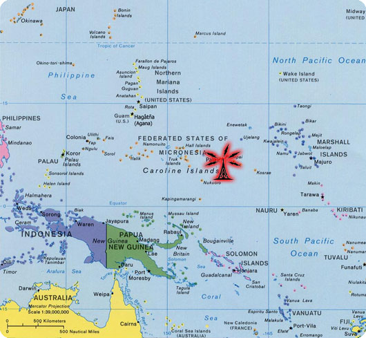 Map of Oceania and the radio station location in Pohnpei, Micronesia